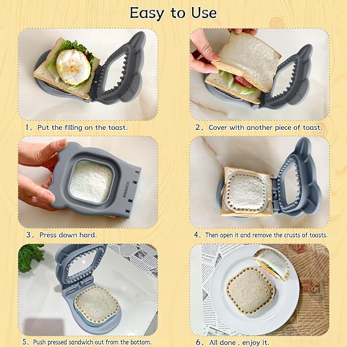 Sandwich Cutter and Sealer - 3.7" Circle & Square Pocket Sandwich Maker, Intuitive & Easy-to-Use for Boys &Girls, Perfect for Breakfast & Lunchboxes (Gray, Square)