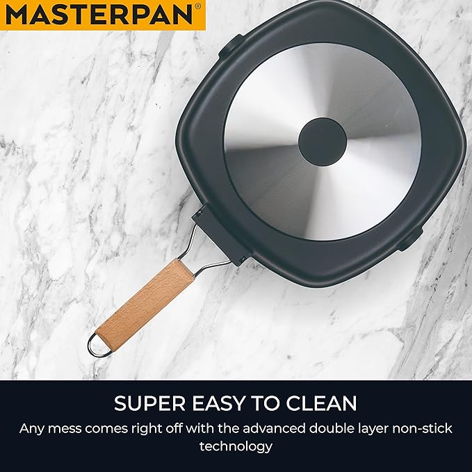 MasterPan Non-Stick Grill Pan with Folding Wooden Handle, 8", Black and Brown