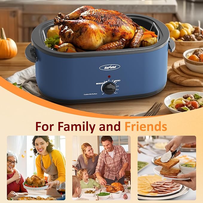 Sunvivi Electric Roaster, 24 Quart Electric Roaster Oven with Glass Lid, Turkey Roaster Oven Buffet with Self-Basting Lid, Removable Pan, Cool-Touch Handles, Blue