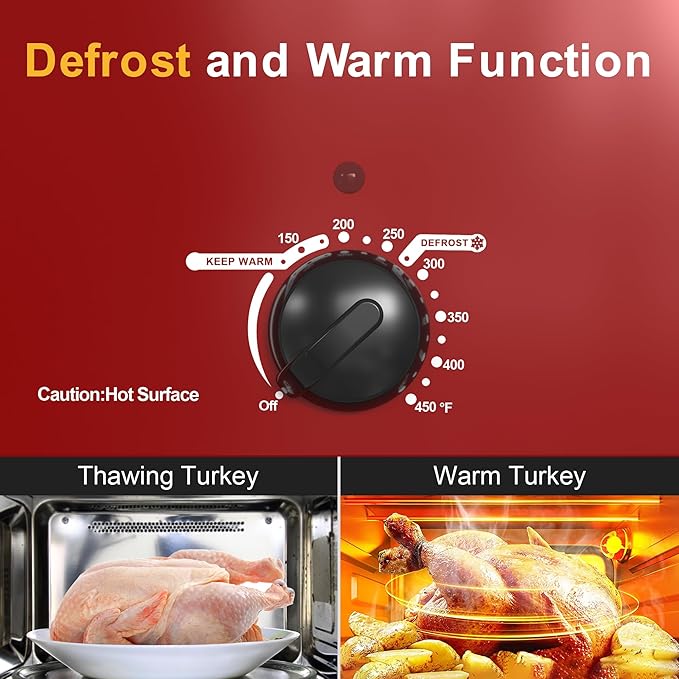 Roaster Oven, Electric Roaster Oven with Viewing Lid, Large Roaster with Removable Pan & Rack, Turkey Roaster with Unique Defrost/Warm Function, Stainless Steel, Red, 18QT