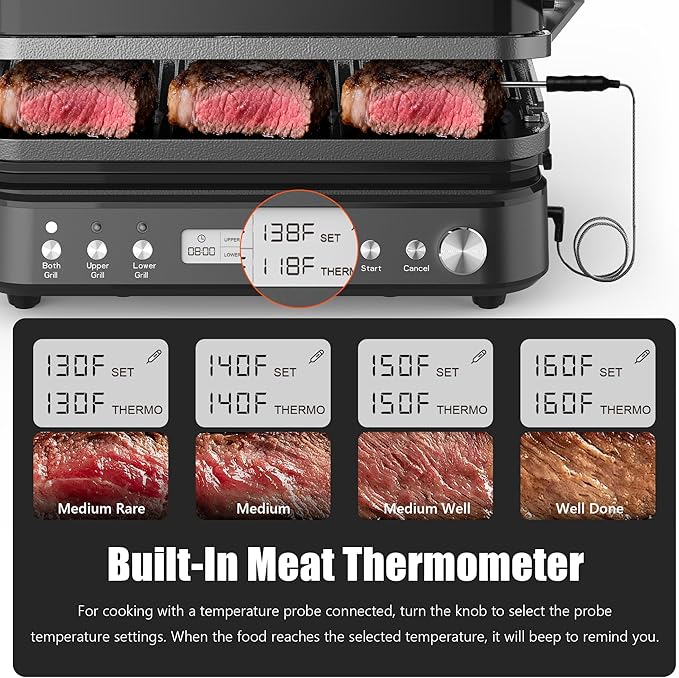 CATTLEMAN Panini Grill Press Sandwich Maker with Removable Plates, 5 in 1 Smokeless Indoor Grill & Griddle with Meat Thermometer, PFAS Free Ceramic Nonstick Reversible Plates, Opens Flat, 1600W