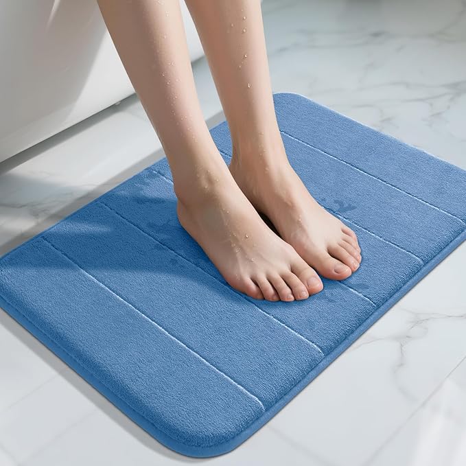 Yimobra Memory Foam Bath Mat, Super Soft Absorbent Bathroom Rug Non Slip 24x17 Inch, Quick Dry, Machine Washable Floor Carpet for Tub Shower, Home Decor Accessories, Blue