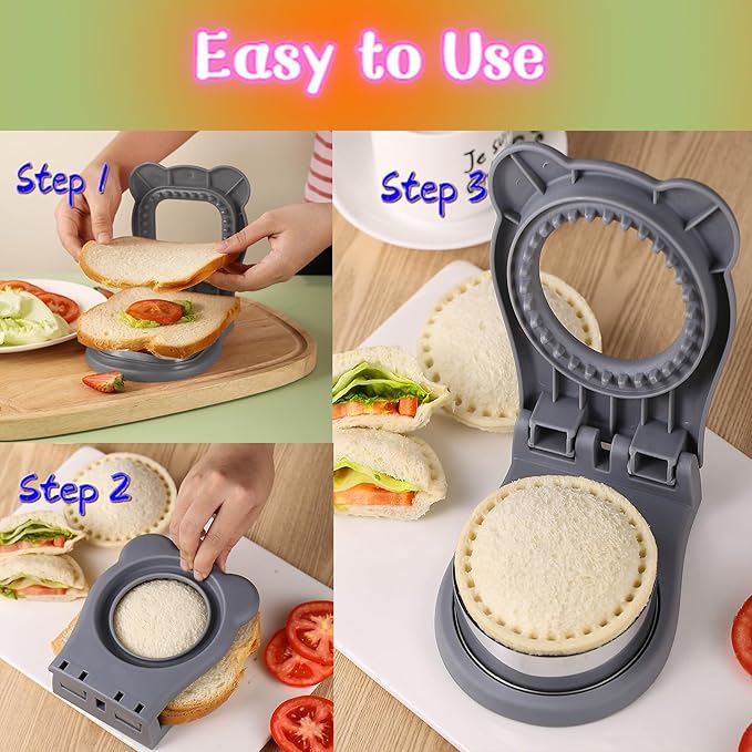 Sandwich Cutter and Sealer, Decruster Sandwich Maker for kids lunch Uncrustable Sandwich Maker，Easy for School Lunchbox and Bento Box Grey