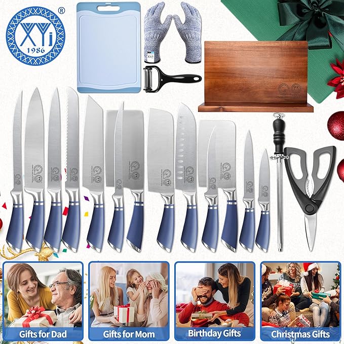 XYJ Knives,Professional Knife Sets for Master Chefs,13pcs Stainless Steel Chef Knife Set with Magnetic Knife Block,Kitchen Tools,Meat Cleaver Butcher for Camping,Kitchen Knife Set