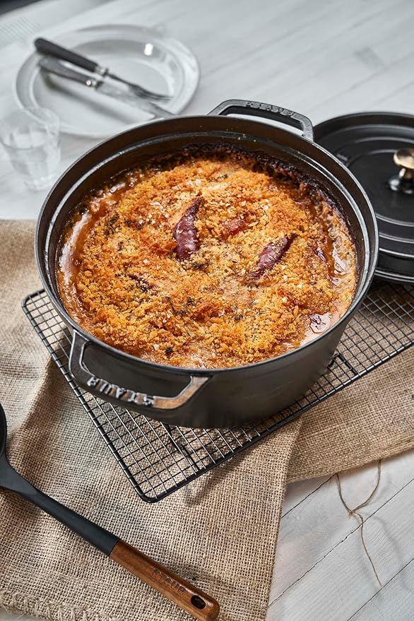 STAUB Cast Iron Dutch Oven 7-qt Round Cocotte, Serves 7- 8, Made in France, Black Matte