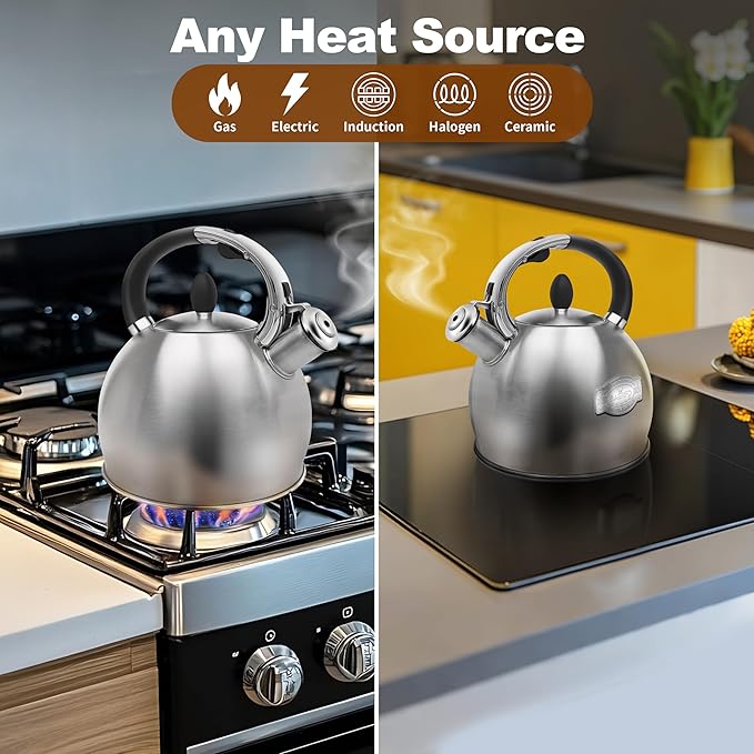 Stainless Steel Whistling stovetop Kettle,Whistling Tea Kettle,Vintage-StyleTeapot for Stove,Durable and Rust-Resistant,With a Pot Holder Included,2.64 Quart(Brushed Style)