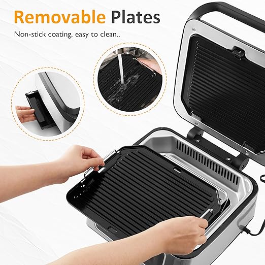 Electric Panini Press Sandwich Maker, 1300W Smokeless Indoor Grill with Removable Non-Stick Plates, Fan, Auto-Lift, Independent Upper Heating, Smart Time & Temperature Control, Silver