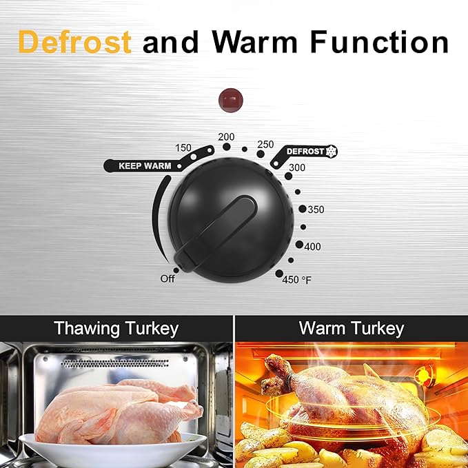 Sunvivi 28lb 24-Quart Roaster Oven, Electric Roaster Oven with Viewing Lid, Turkey Roaster with Unique Defrost/Warm Function, Large Roaster with Removable Pan & Rack, Stainless Steel, Silver