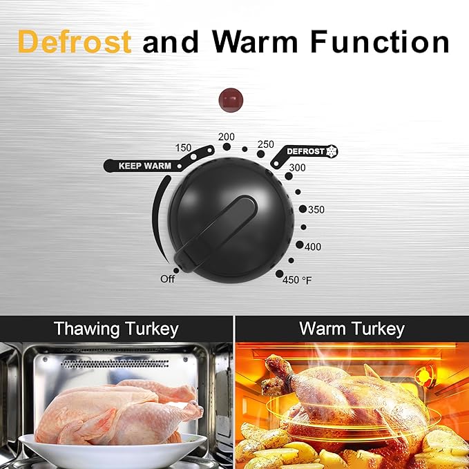 Roaster Oven, Electric Roaster Oven with Viewing Lid, Large Roaster with Removable Pan & Rack, Turkey Roaster with Unique Defrost/Warm Function, Stainless Steel, Sliver, 22QT