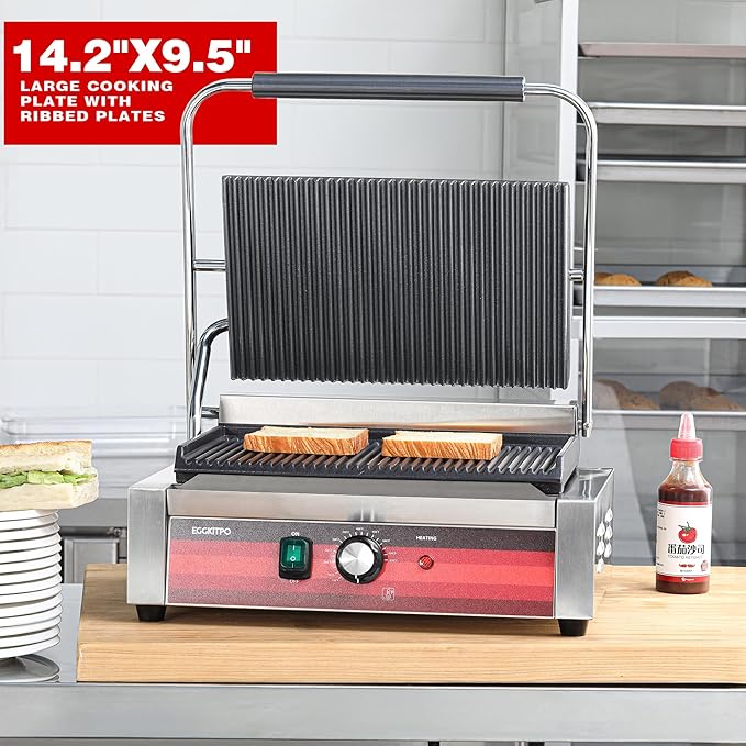 Commercial Panini Press Grill with Grooved Plates Electric Sandwich Maker with Adjustable Temp Control 110V 1700W 14"×9.5" Ribbed Enamel Plates for Breakfast and Hamburger in Home Kitchen