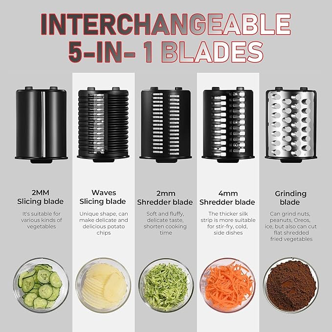 Electric Cheese Grater, 250W Salad Maker with 5 Stainless Steel Blades, Slicer Shredder for Cheeses, Vegetables & Fruits, One-Touch Operation, Easy to Clean, Cheese Shredder Machine