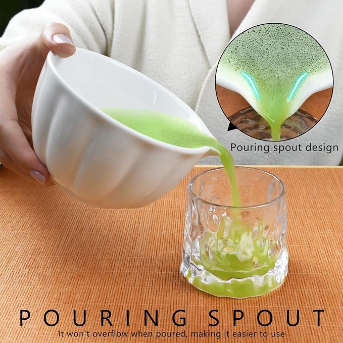 Artcome 4 Pcs Japanese Matcha Tea Set - Matcha Bowl with Pouring Spout, Matcha Whisk, Tea Scoop, Whisk Holder, Handmade Matcha Ceremony Kit For Japanese Tea Ceremony, Ivory