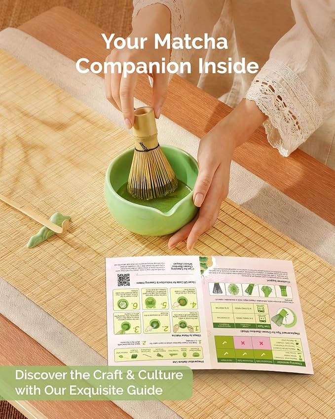 Maestri House Matcha Whisk Set, 7 Pcs Ceramic Matcha Kit with Spouted Bowl, Matcha Whisk & Holder, Bamboo Scoop, Scoop Rest, Sifter & Cloth – Complete Matcha Gift Set for Beginners & Tea Lovers(Green)