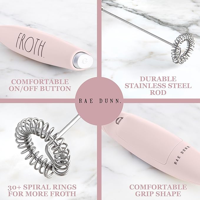 Rae Dunn Milk Frother- Handheld Electric Drink Mixer, Handheld Electric Milk Frother, Coffee Frother, Hand Blender, Frappe Maker, Handheld Latte Maker Milk Foamer (Pink)