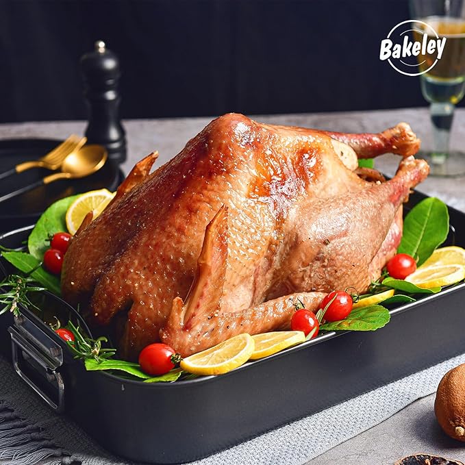 Roasting Pan, Nonstick Roaster Pan with Rack, Turkey Roasting Pan with V Rack, 17 Inch x 13 Inch, Black