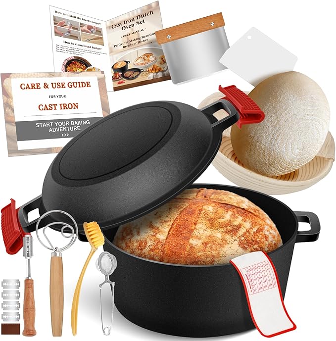 Cast Iron Dutch Oven for Bread Baking, Banneton Bread Proofing Basket Sourdough Bread Baking Supplies, 2-in-1 Dutch Oven Pot with Skillet Lid Cooking Pan Handles Lame, 5QT