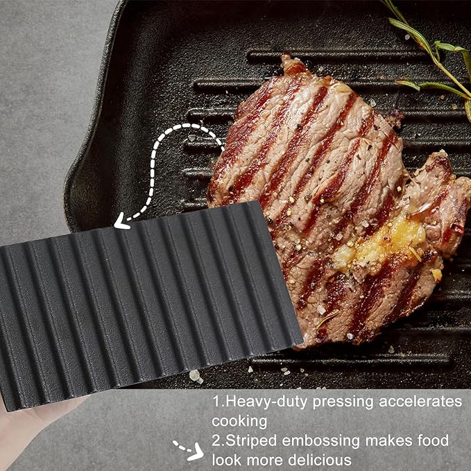 HTB Heavy-Duty Cast Iron Barbecue Press, Wood Handle Meat Steak Smash for Juicy Crispy Burgers on BBQ, Griddle, Camping Rectangle (Striped 088R)