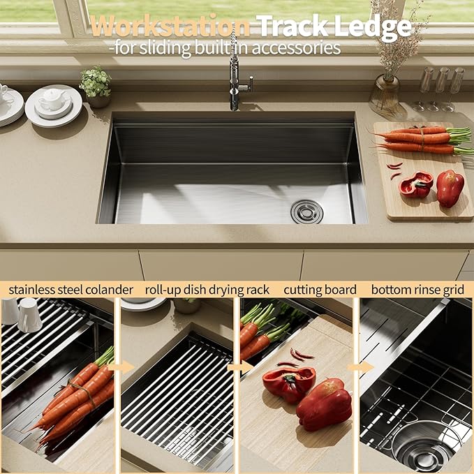 33 Inch Undermount Black Stainless Steel Kitchen Sink,33x19x9 Inch Deep Single Bowl Kitchen Sinks,16 Gauge Workstation KitchenSink, Modern Undermount Kitchen Sink with Ledge and Accessories