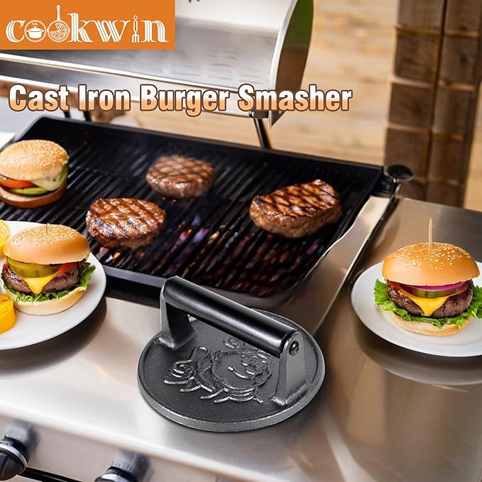 Burger Press-Heavy Duty Smash Burger Press with Heat Insulation Handle-7 Inch Cast Iron Burger Smasher,Bacon Press,Sandwich Press-Round Hamburger Press for Griddle-50 PC Patty Paper for Burger make