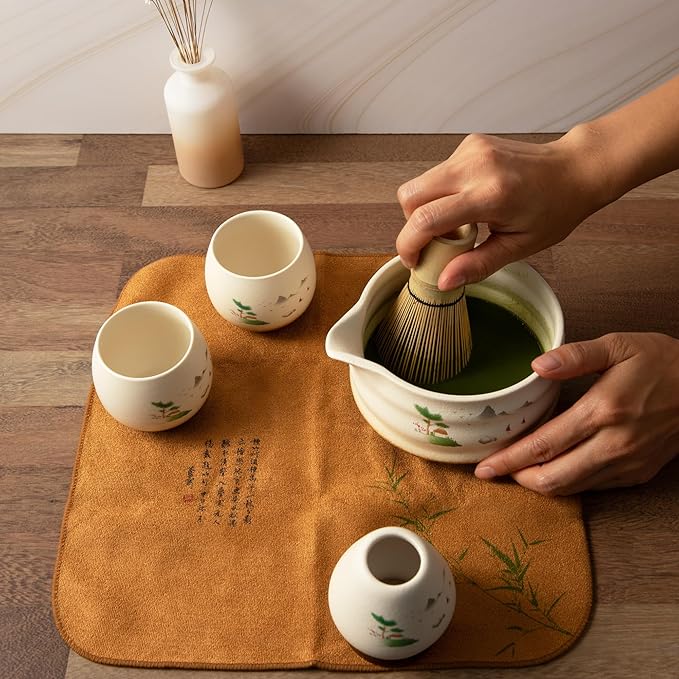 Matcha Whisk Set- Matcha Set includes Matcha Whisk and Bowl (Bowl with Spout), Sifter, Holder and Scoop- The Perfect Bamboo Whisk for Matcha Tea (Cream- 7PC)