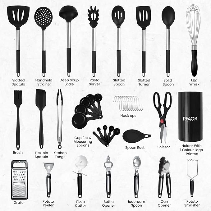 40PCs Silicone Cooking Utensils Set 446℉ Heat Resistance, RFAQK BPA Free Kitchen Utensils Set for Nonstick Cookware, Gadgets includes Can Opener, Potato Smasher,Peeler,Tongs,Spatula Set,Pizza Cutter