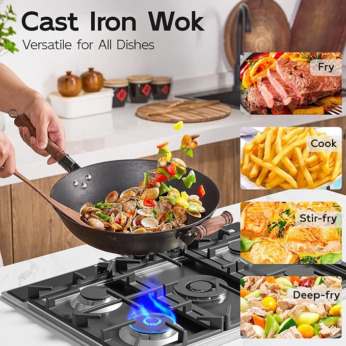 WANGYUANJI Traditional Iron Wok,13.4" Flat Bottom Wok – Chemical-Free Carbon Steel with Stainless Steel Spatula