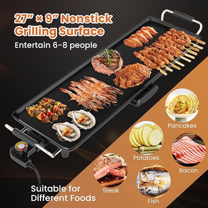 27” Large Electric Griddle, Teppanyaki Grill w/Nonstick Surface, 4 Adjustable Temperature, Insulated Handles & Drip Tray, Indoor & Outdoor Tabletop Griddle for Party, Camping (27“)