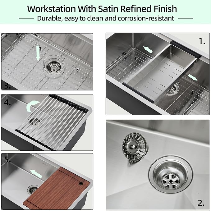 Undermount Kitchen Sink, 33 x 19 x 10 Inch Sink Kitchen 16 Gauge Stainless Steel Kitchen Sinks Single Bowl Workstation Sink with Cutting Board