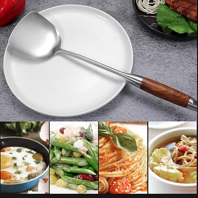 IQCWOOD Chinese Wok Spatula, 15.7’’ Stainless Steel Spatula with Wooden Handle, Ideal Kitchen Gift for Mother and Grandma, Kitchen Utensils Set for Cooking, Frying, Baking