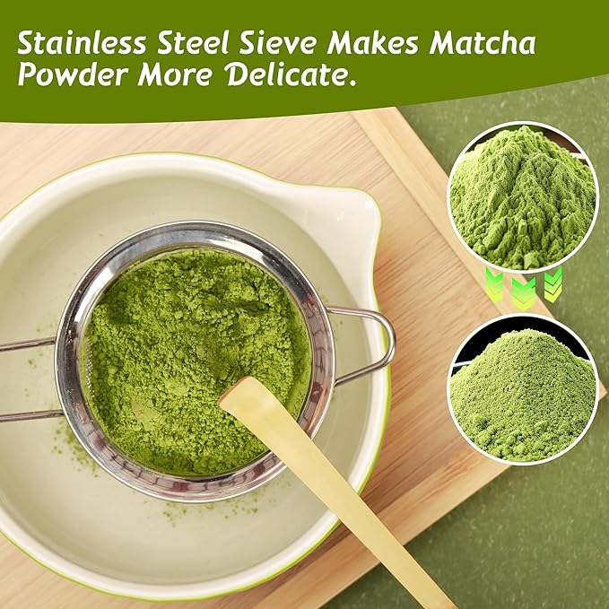 Matcha Tea Set 7 Pcs,Japanese Ceramic Bowl,Bamboo Matcha Whisk (Chasen), Scoop (Chashaku),Stainless Steel Sifter,Whisk Holder (yellow blue),Tea Towel