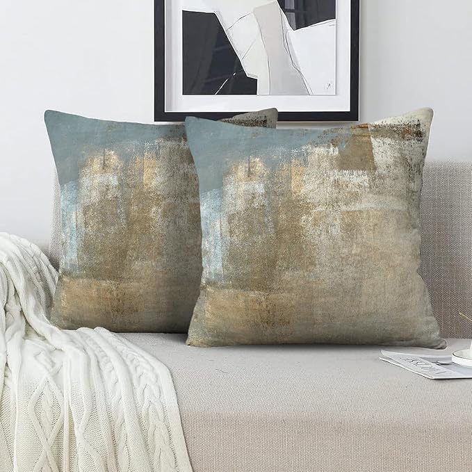 Grey and Beige Abstract Art Contemporary Pillow Cover, Modern Neutral Decorative Throw Pillows Cushion Cover for Bedroom Sofa Living Room 18 x 18 Inch Set of 2