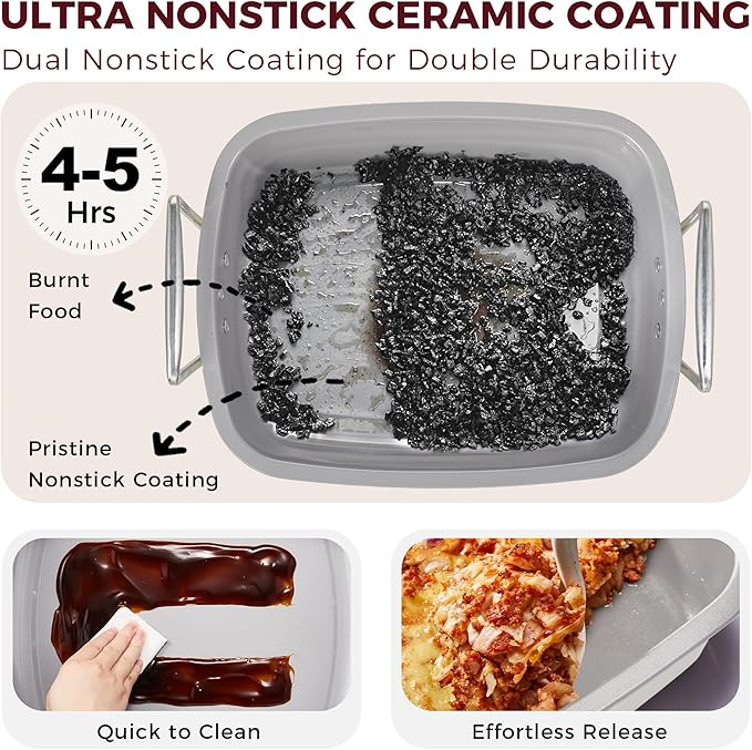 HONGBAKE Ceramic Coated Nonstick Large Turkey Roasting Pan with Rack (U-Shaped), 18.7×13.6 Inch Deep Roaster Pan for 25 lb Turkey & Chicken, Wider Handles, Non Toxic, PFOA & PTFE-Free, Cream & Gray