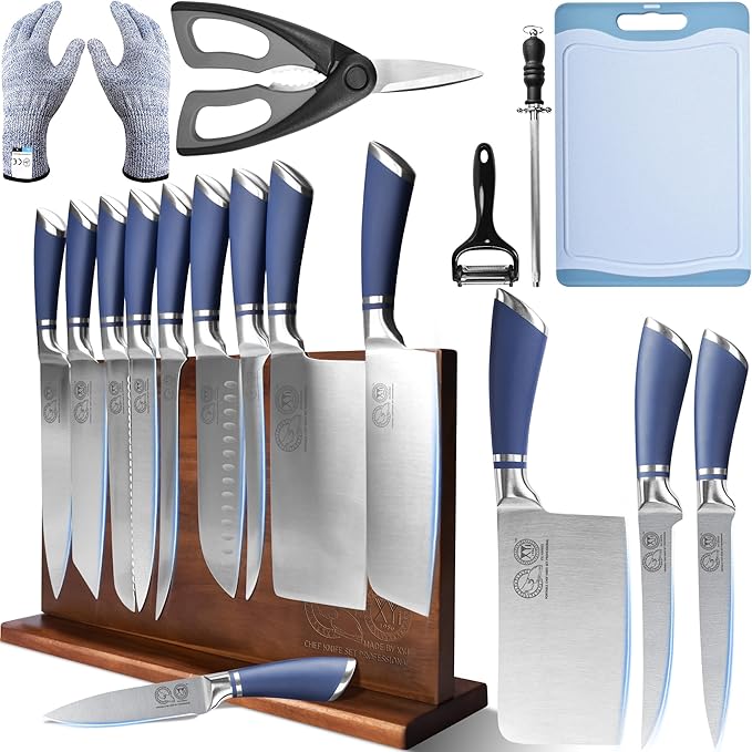 XYJ Knives,Professional Knife Sets for Master Chefs,13pcs Stainless Steel Chef Knife Set with Magnetic Knife Block,Kitchen Tools,Meat Cleaver Butcher for Camping,Kitchen Knife Set