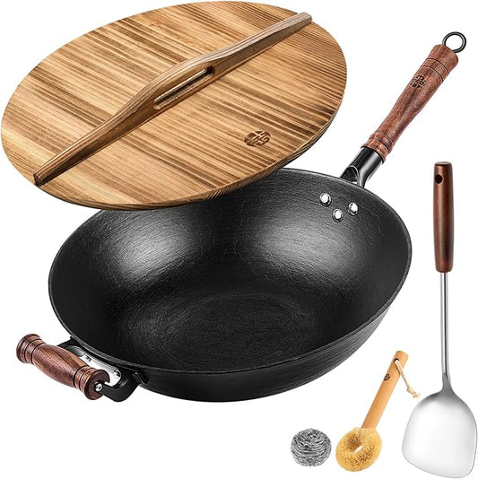 WANGYUANJI Iron Wok 12.6" Chinese Flat Bottom Wok – Chemical-Free with Stainless Steel Spatula for All Stoves