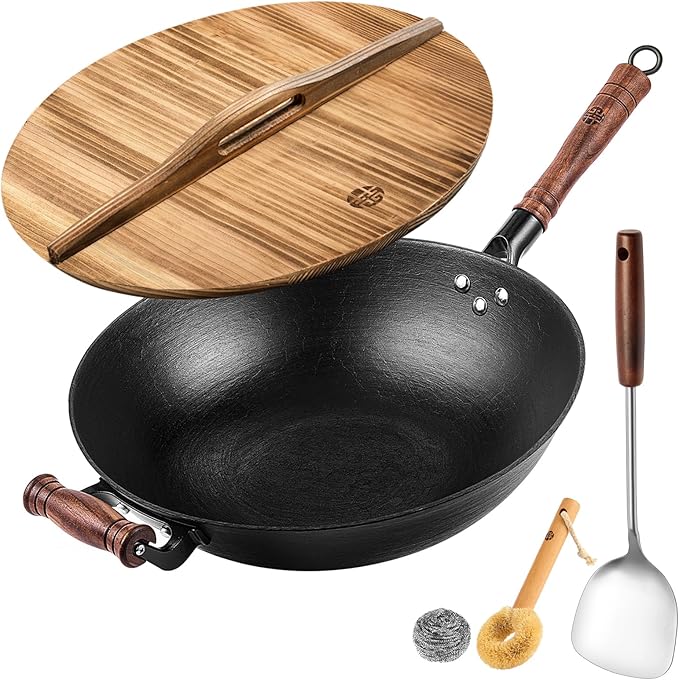 WANGYUANJI Large Capacity 14.2" Flat Bottom Wok – Non-Toxic Stir-Fry Pan with Stainless Steel Spatula for All Stovetops