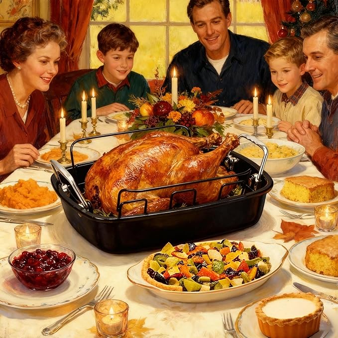 Large Nonstick Roasting Pan Kit with Rack (17x13 Inch) - Includes Baster, Pastry Brush & Twine for Turkey, Chicken, Ham - Even Heating, Easy Clean, Dark Grey (Large-Set-17.2'' x 13.5'')