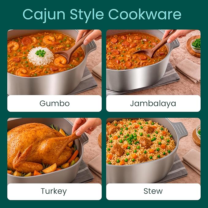 Cast Aluminum Oval Dutch Oven with Lid — 12.6 QT Heavy Duty Roaster Pan with Rack & Silicone Cover Dual Handles — Cajun Cookware for Roasting, Baking, Cooking (18" X-Large)