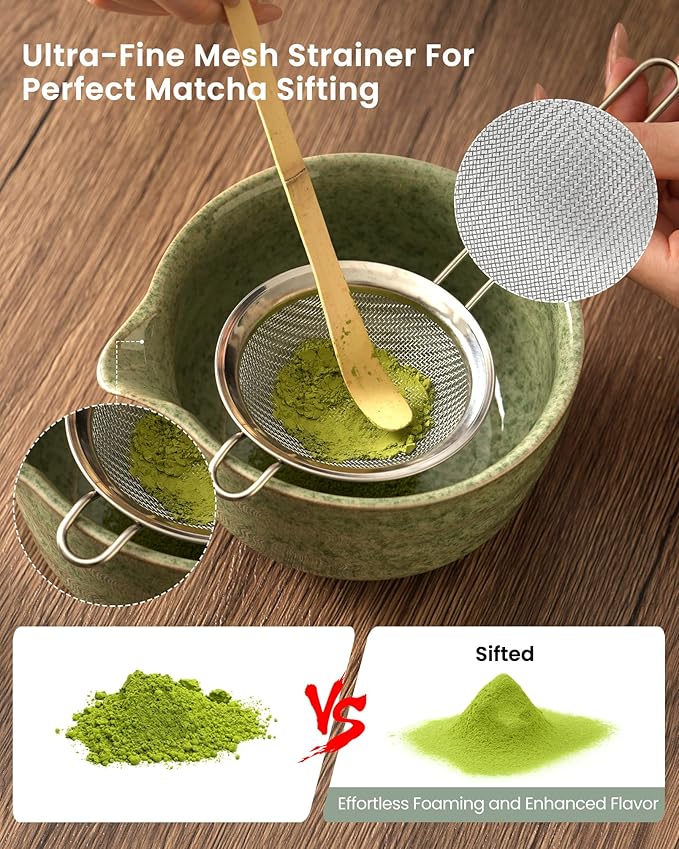 Matcha Whisk Set,7 Pcs Matcha Kit Includes 15oz Spouted Matcha Bowl,Bamboo Whisk,Scoop & Sifter for Matcha Lovers,Beginners,Birthday,Christmas(Matchat Green)