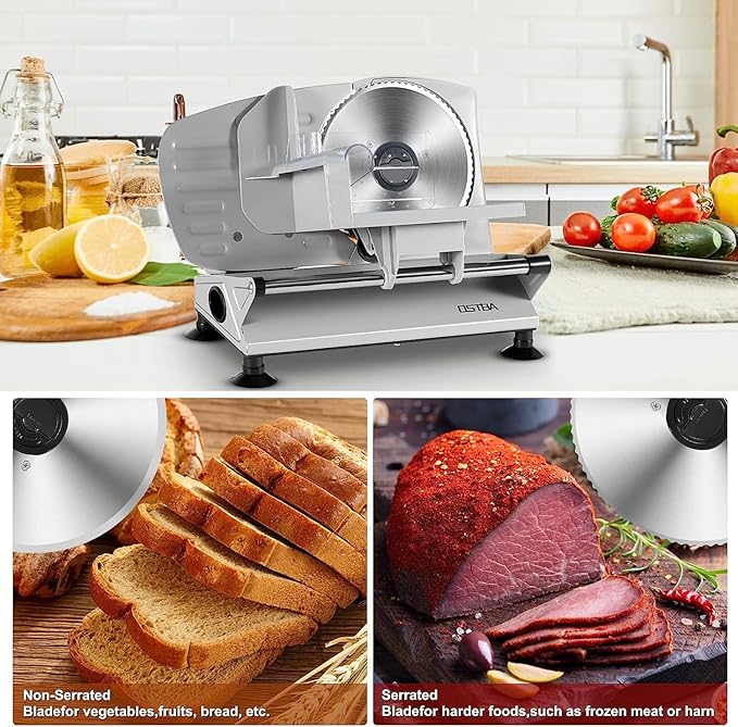 OSTBA Meat Slicer Machine, Two 6.7” Removable Stainless Steel Blades and Food Carriage, 150W Electric Deli Food Slicer for Home Use, Easy to Clean, 0-15mm Adjustable Thickness for Meat, Cheese, Bread