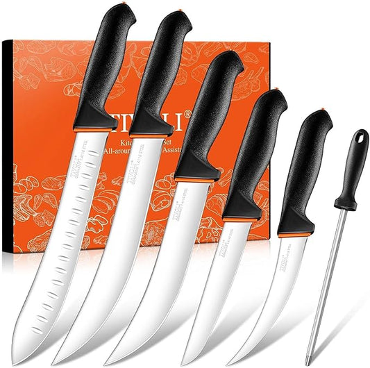 TIVOLI Butcher Knife Set, 6 PCS Professional Bbq Knife Set with Non-Slip Softgrip, German Stainless Steel Blade For Meat Cutting Skinning Boning Trimming, Non-Slip Softgrip & Incl. 7" Sharpener Rod