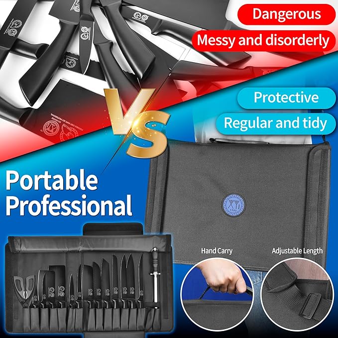 XYJ Knives,Professional Knife Sets for Master Chefs,Meat Cleaver Butcher for Camping,Chef Knife Set with Bag (Full Black)