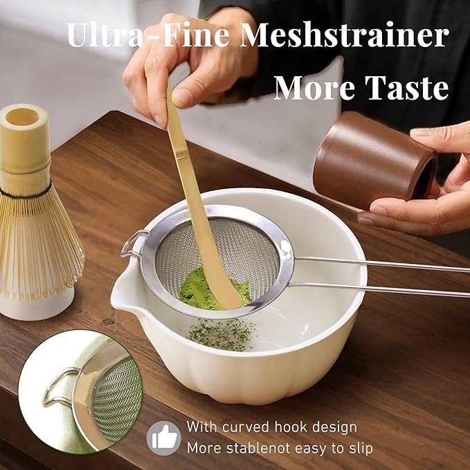 Matcha Whisk Set,7 PCS Ceramic Matcha Kit Includes Matcha Bowl with Spout, Matcha Whisk and Holder, Bamboo Scoop, Stainless Sifter, Tea Towel, Unique Gift for Matcha Lovers (White)