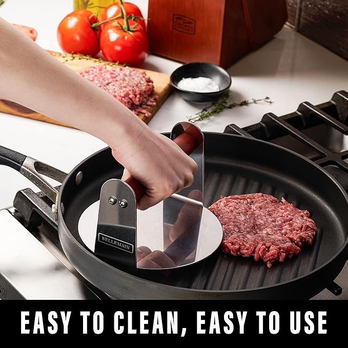 Bellemain Burger Smasher for Griddle | Stainless Steel 6" Round Smash Burger Press | Hamburger Press for Grill, Cooking, Meat Press with Wooden Handle, Grill Accessories Kit
