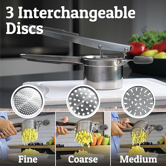 PriorityChef Large 15oz Potato Ricer With 3 Discs, Heavy Duty Stainless Steel Potato Ricer for Mashed Potatoes, Potato Masher, Press and Mash Kitchen Tool, Grey