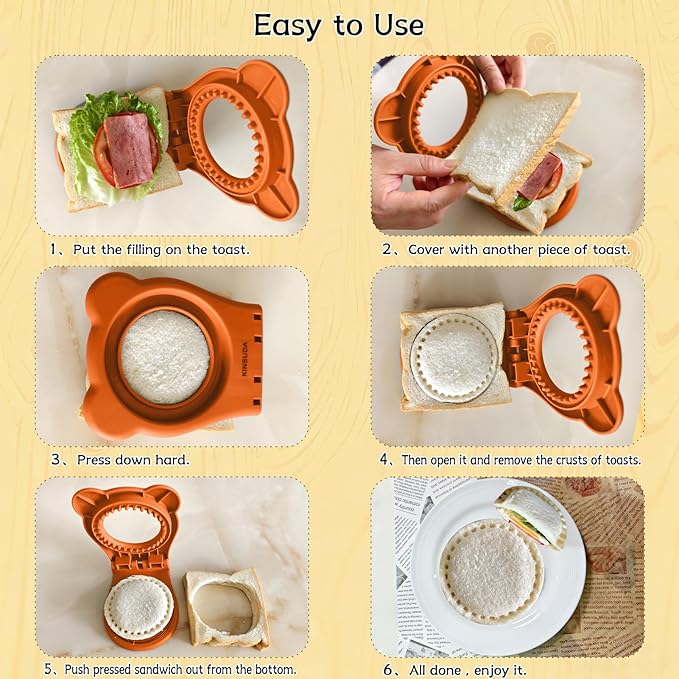 Sandwich Cutter and Sealer - 3.7" Circle & Square Pocket Sandwich Maker, Intuitive & Easy-to-Use for Boys &Girls, Perfect for Breakfast & Lunchboxes (Orange, Round)
