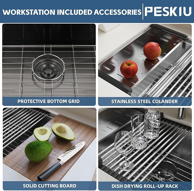 32"x19" Undermount Kitchen washbasin Cabient, 16 Gauge Single Bowl Stainless Steel, Nano Coating & Brushed Finish Matte Black Modern washbasin Workstation with Ledge and Accessories