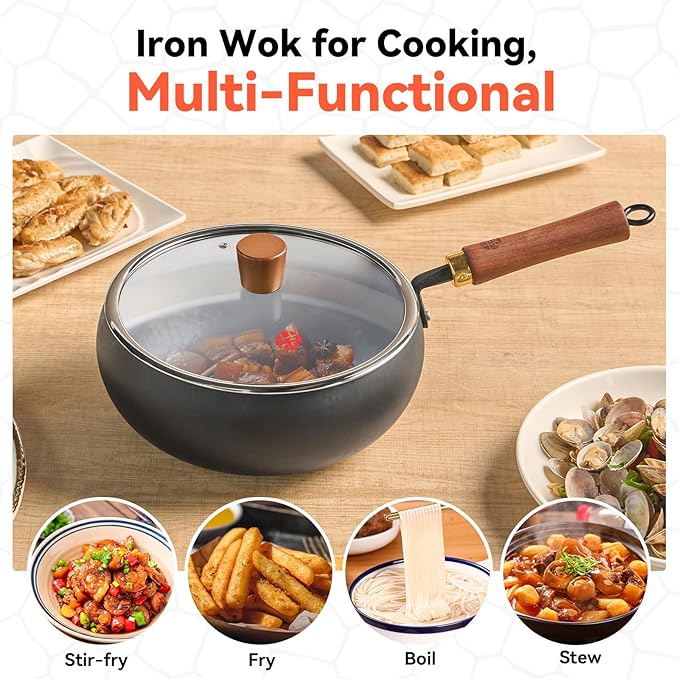 Wrought Iron Flat Bottom Wok with Glass Lid – Detachable Wooden Handle, Non-Coated Naturally Nonstick Frying Pan for Gas, Electric & Induction Stoves (Black Deep-Bowl Wok, 9.5 inch)
