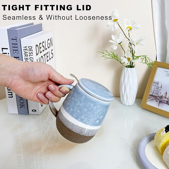 13.5 OZ Reactive Glaze Tea Cup with Infuser and Lid, Porcelain Tea Infuser Mug, Single Brewing Teacups for Loose Leaf, Microwave & Dishwasher Safe, Pale Blue