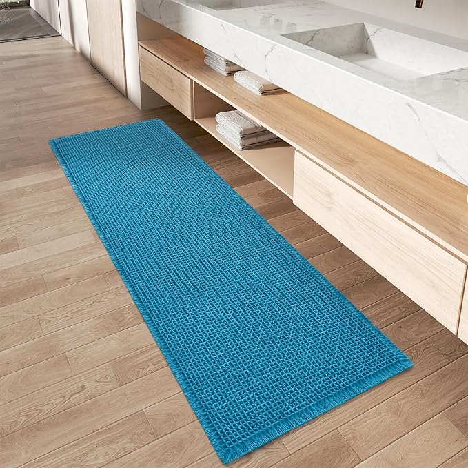 Upgraded Waffle Runner Rug, Super Absorbent Non Slip Bath Mats for Bathroom Floor, Machine Washable Bathroom Runner Rug with Tassels, Ideal for Hallway Bedroom Laundry Room, Teal, 2'x5'(24" x 60")