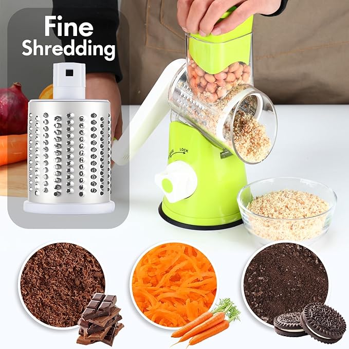 Cheese Grater Hand Crank, Rotary Vegetable Shredder with Handle and Strong Suction base, 3 in 1 Kitchen Speed Spin Veggie Slicer Nut Grinder for Pizza Top, Hash brown, Salad and More (Green)